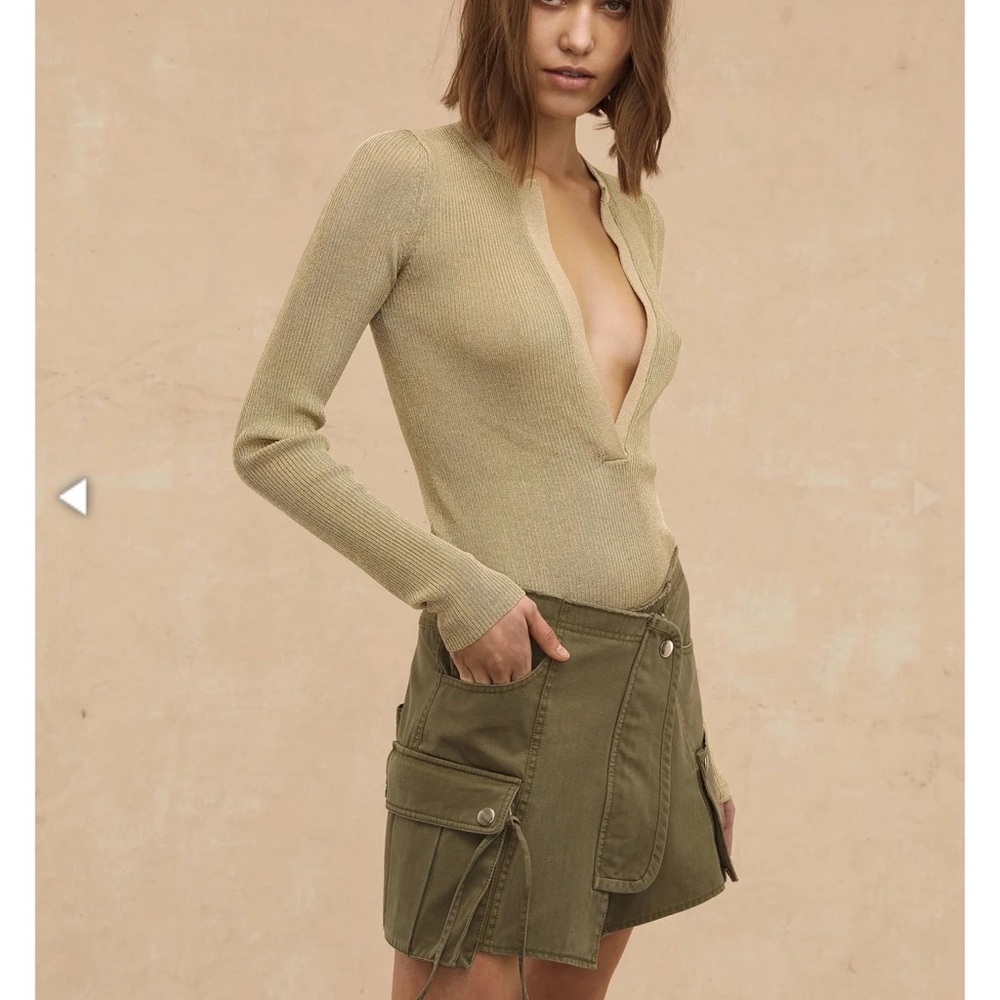 Marissa Webb Olive Cargo Mini Skirt with Beige Knit Top